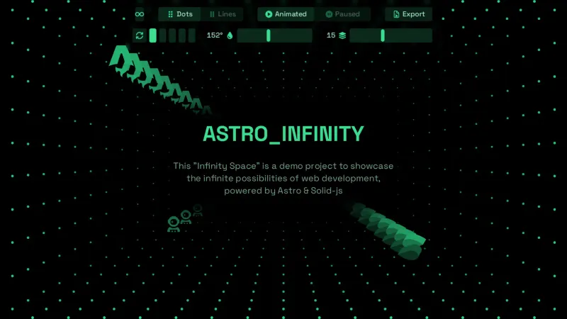 A retro-futuristic black background with neon green animated elements, including control switches for customizing the animation.